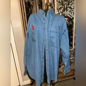 Light Wash Embroidered Denim Button-Up Shirt - Floral Detail